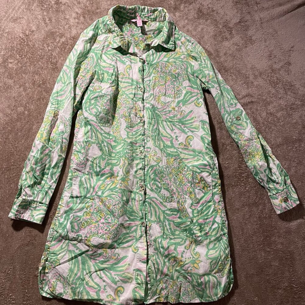 Lilly Pulitzer Dress Womens XS Printed Buttons Shirt Pockets Paisley Green